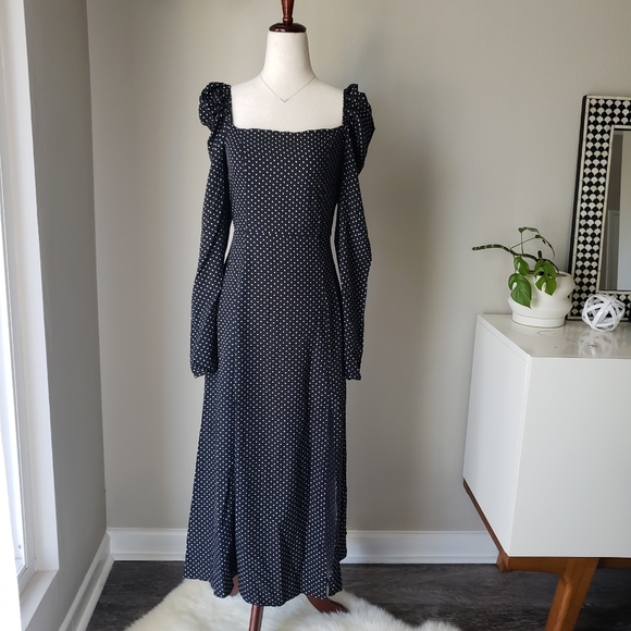 Black Polka Dot Print Gigot Long Sleeve Midi Dress - Picture 2 of 13